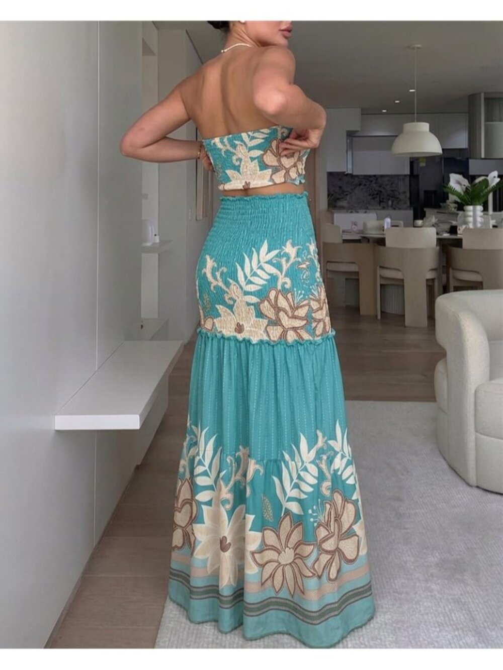 Women's Printed Green Floral Printed Halter Tie Ruched Shirred Ruffle Hem Dress - Picture 3 of 6
